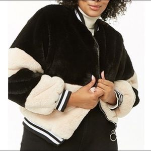 NWT Plus Size Colorblock Faux Fur Jacket - Cream & Black- Size 1X